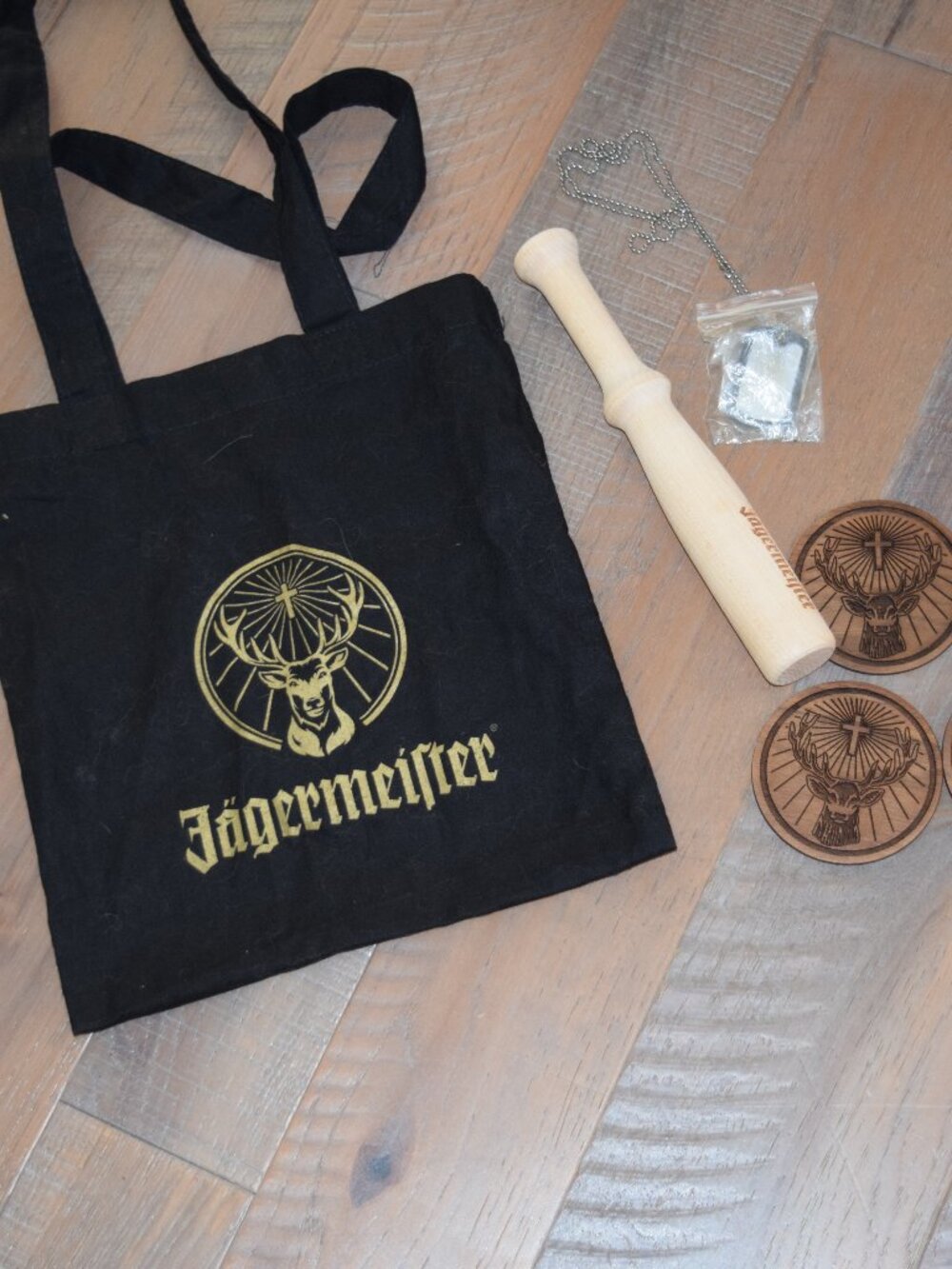 PROMO Lot JAGERMEISTER Jager Muddler Wood Fabric Bag Dog Tag Necklace Coasters